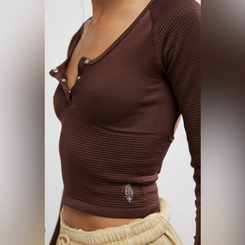FP Movement by Free People Brown Ribbed Henley Long Sleeve Top - Picture 1 of 4